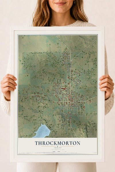 Map of Throckmorton, Texas, 18 x 24 inch print in a white wood frame