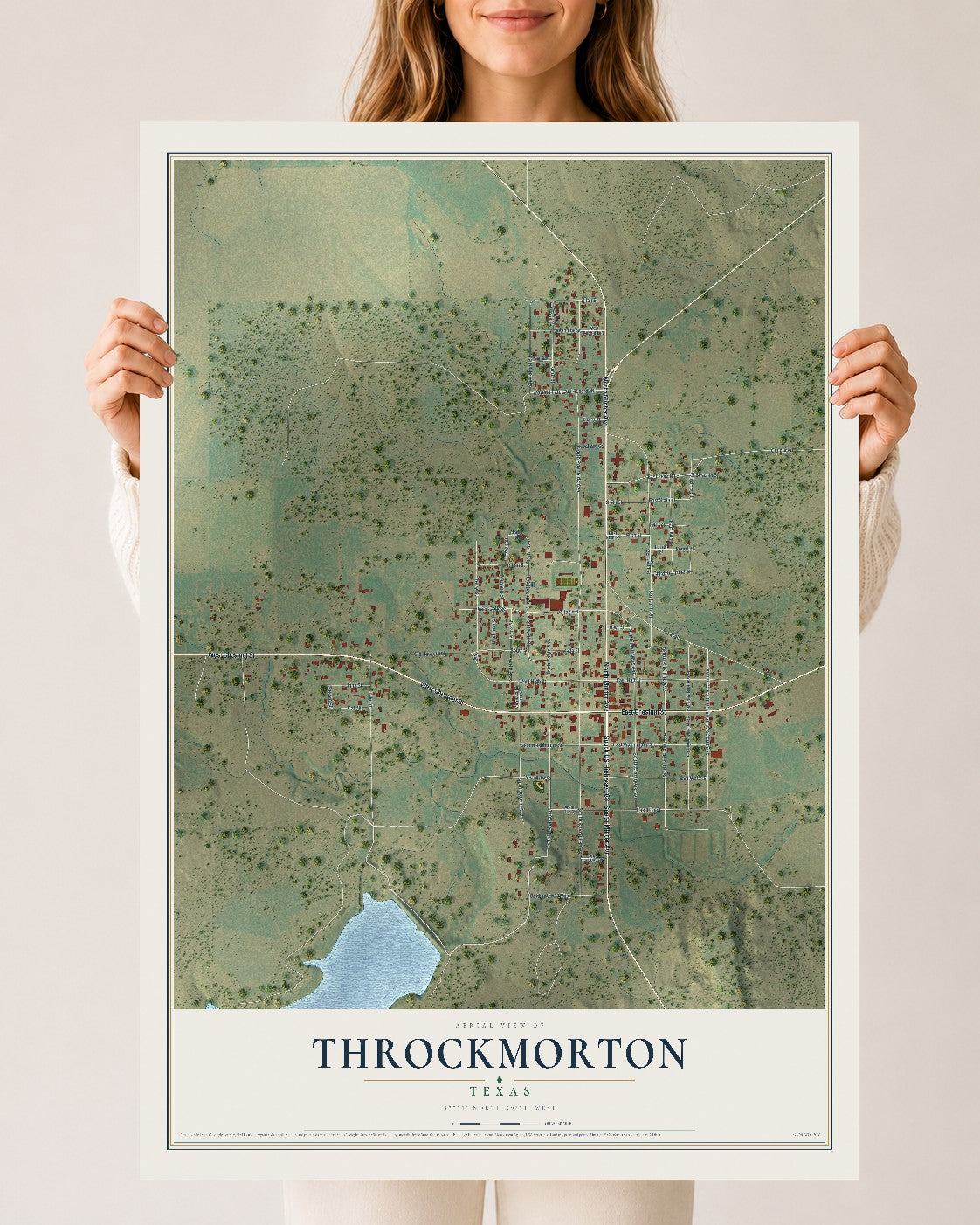 Map of Throckmorton, Texas, 24 x 36 inch unframed archival matte print