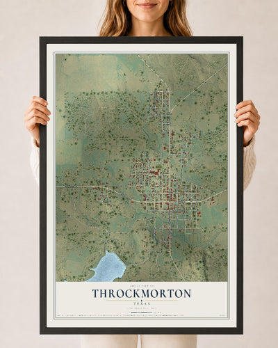 Map of Throckmorton, Texas, 24 x 36 inch print in a black wood frame