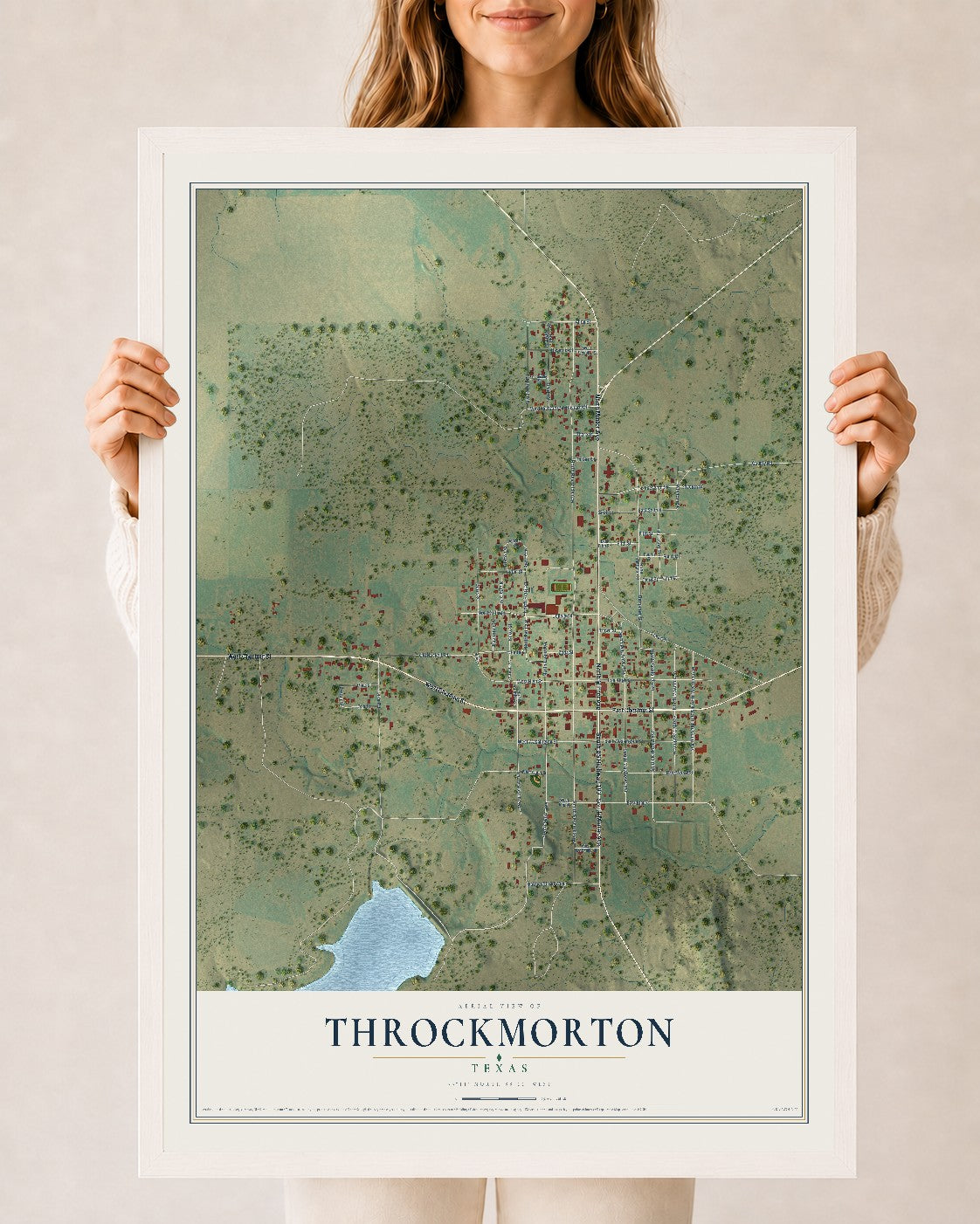 Map of Throckmorton, Texas, 24 x 36 inch print in a white wood frame