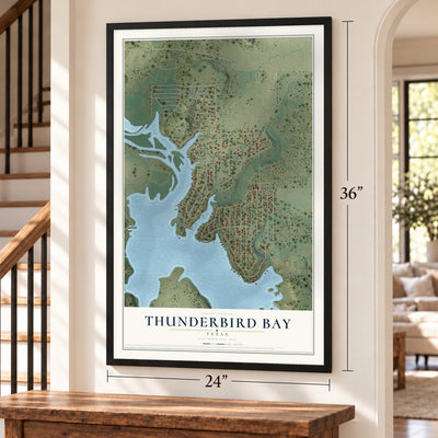 Thunderbird Bay, Texas map, 24 x 36 inch print in a black frame by a staircase