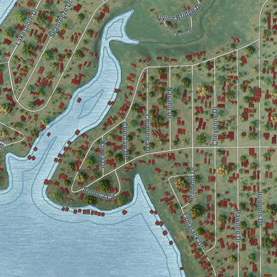 Close-up of the map of Thunderbird Bay, Texas print showing street and building detail