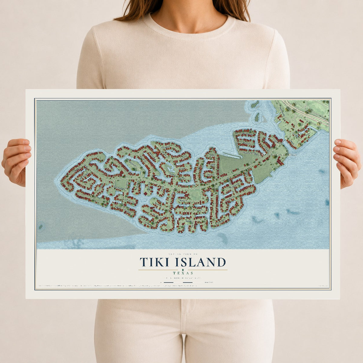 Map of Tiki Island, Texas, 12 x 18 inch unframed archival matte print