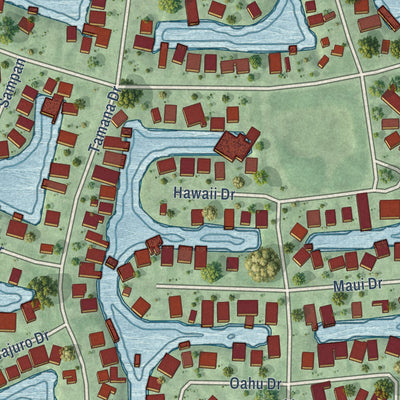 Close-up of the map of Tiki Island, Texas print showing street and building detail