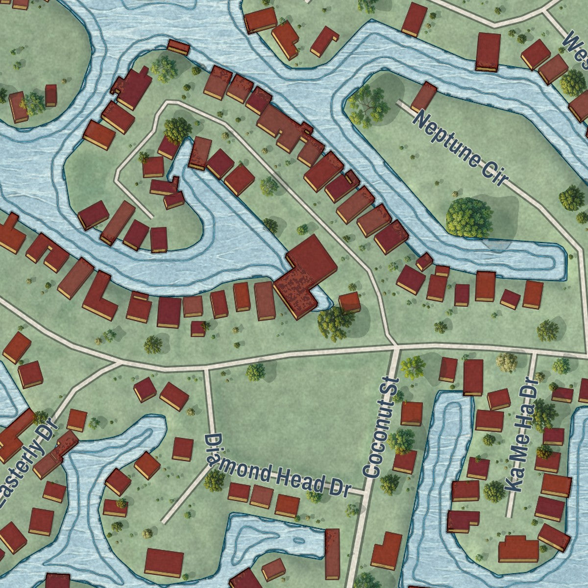 Second close-up of the map of Tiki Island, Texas print showing more streets and buildings