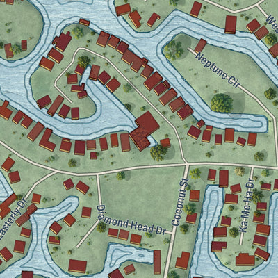 Second close-up of the map of Tiki Island, Texas print showing more streets and buildings