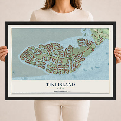 Map of Tiki Island, Texas, 18 x 24 inch print in a black wood frame