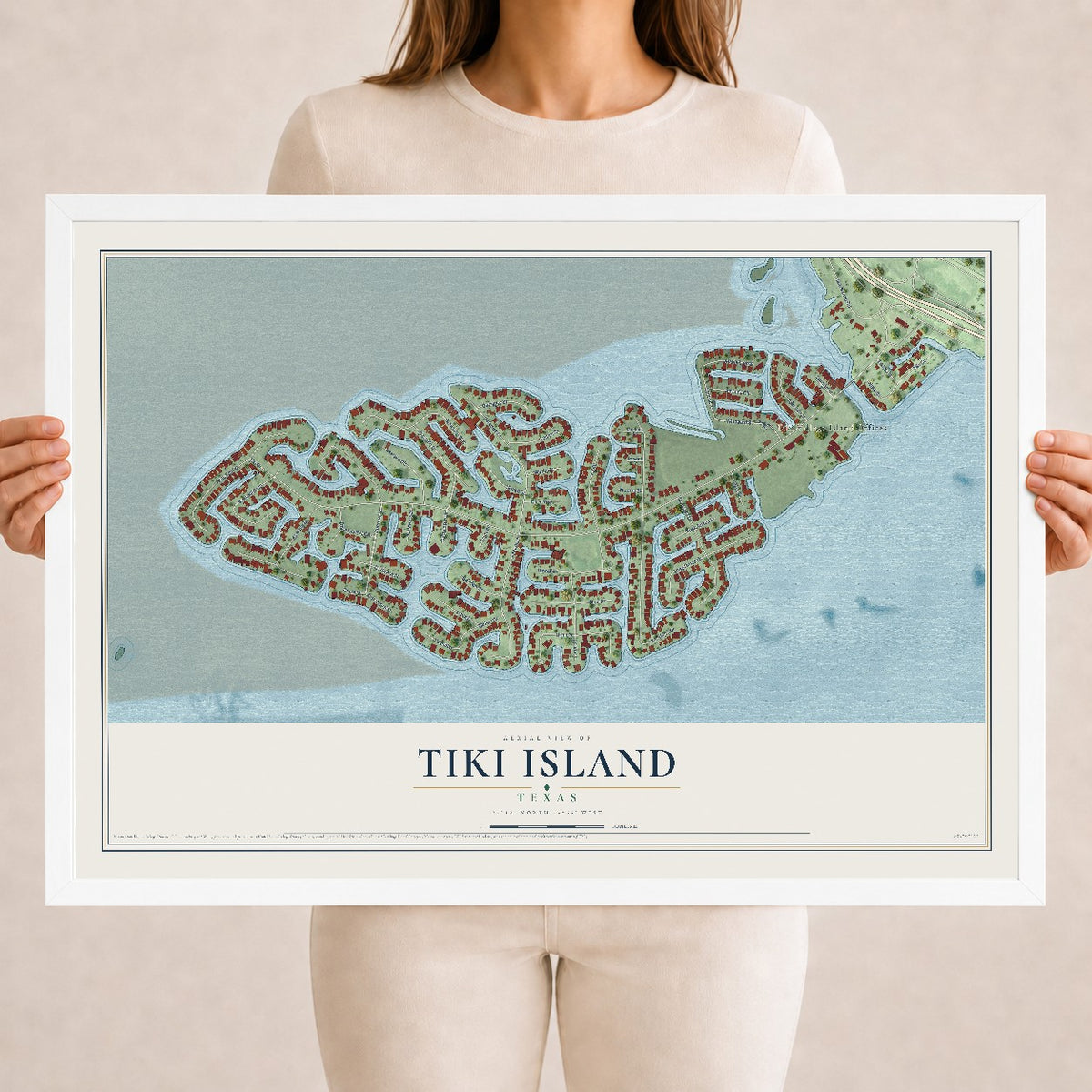 Map of Tiki Island, Texas, 18 x 24 inch print in a white wood frame
