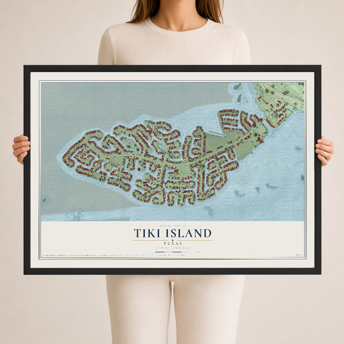 Map of Tiki Island, Texas, 24 x 36 inch print in a black wood frame