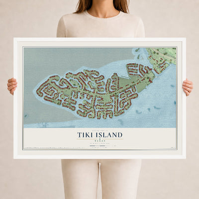 Map of Tiki Island, Texas, 24 x 36 inch print in a white wood frame