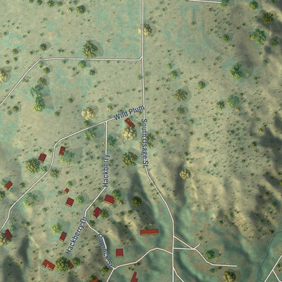 Second close-up of the map of Timbercreek Canyon, Texas print showing more streets and buildings