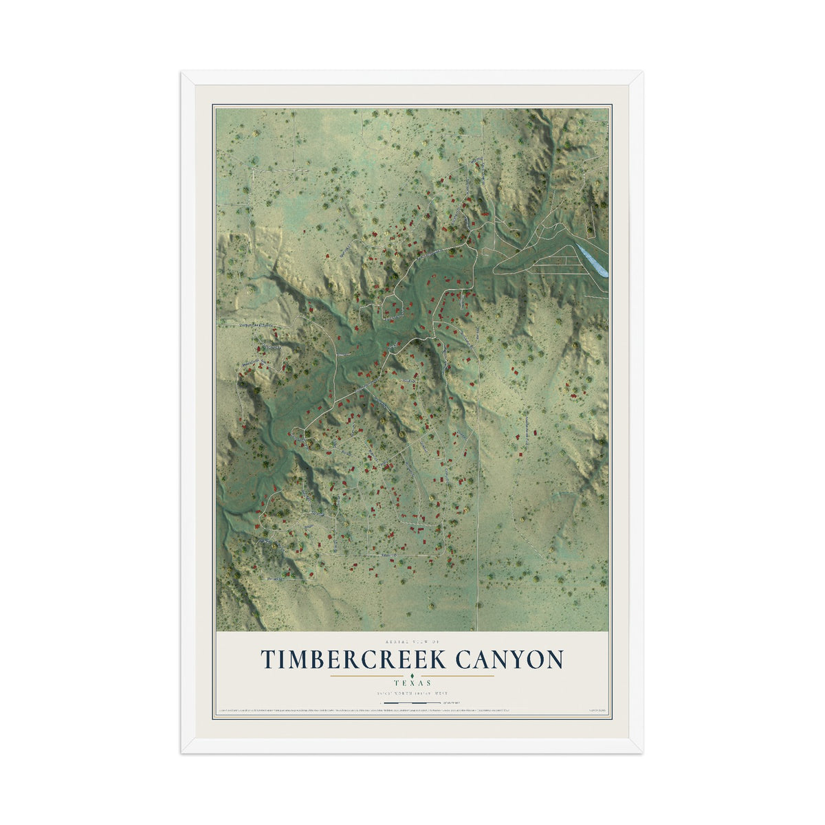Map of Timbercreek Canyon, Texas, 12 x 18 inch print in a white wood frame