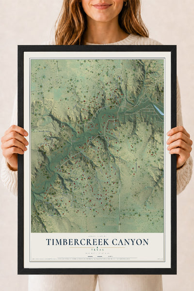 Map of Timbercreek Canyon, Texas, 18 x 24 inch print in a black wood frame