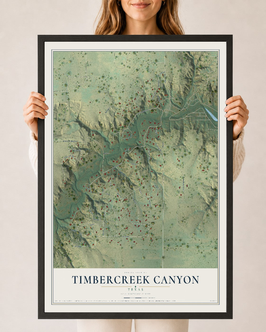 Map of Timbercreek Canyon, Texas, 24 x 36 inch print in a black wood frame