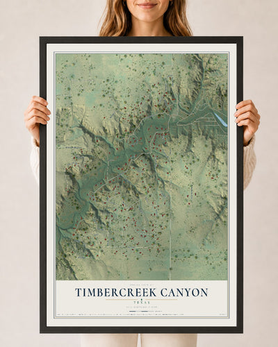 Map of Timbercreek Canyon, Texas, 24 x 36 inch print in a black wood frame