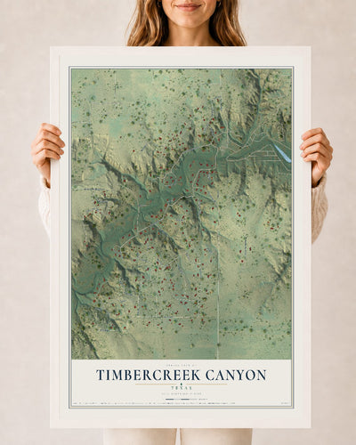 Map of Timbercreek Canyon, Texas, 24 x 36 inch print in a white wood frame