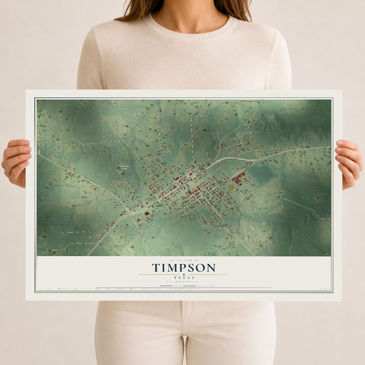 Map of Timpson, Texas, 12 x 18 inch unframed archival matte print
