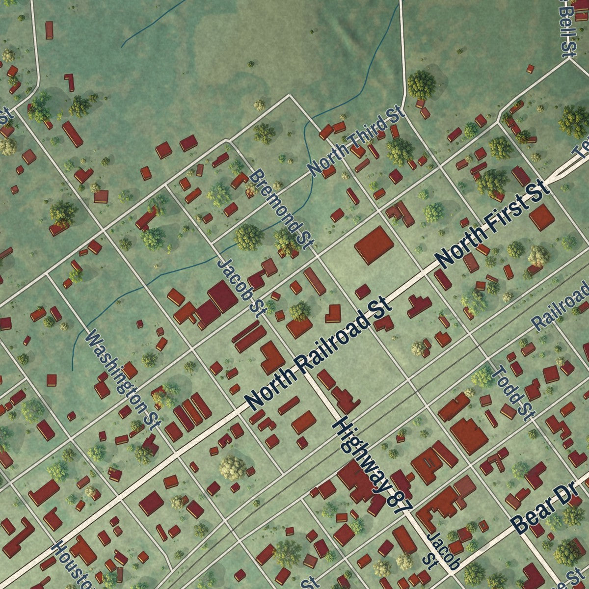 Close-up of the map of Timpson, Texas print showing street and building detail