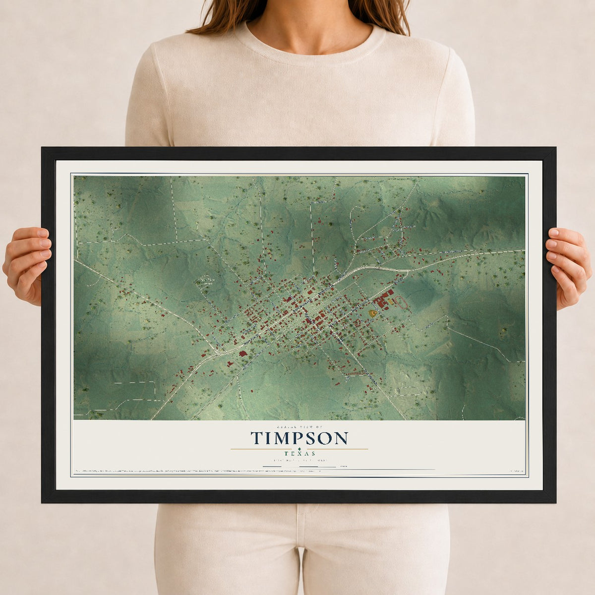 Map of Timpson, Texas, 12 x 18 inch print in a black wood frame