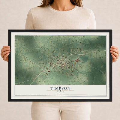 Map of Timpson, Texas, 12 x 18 inch print in a black wood frame