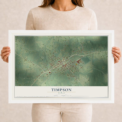Map of Timpson, Texas, 12 x 18 inch print in a white wood frame
