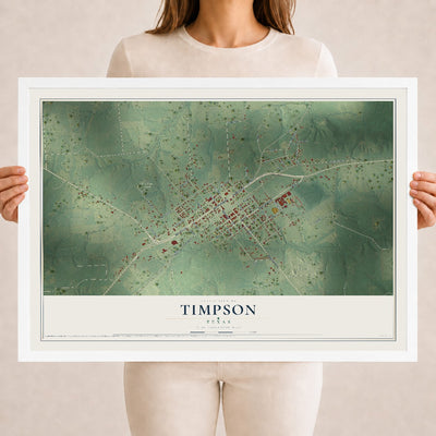 Map of Timpson, Texas, 18 x 24 inch print in a white wood frame