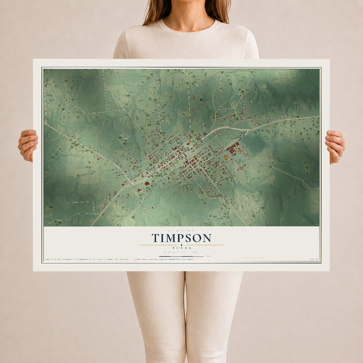 Map of Timpson, Texas, 24 x 36 inch unframed archival matte print