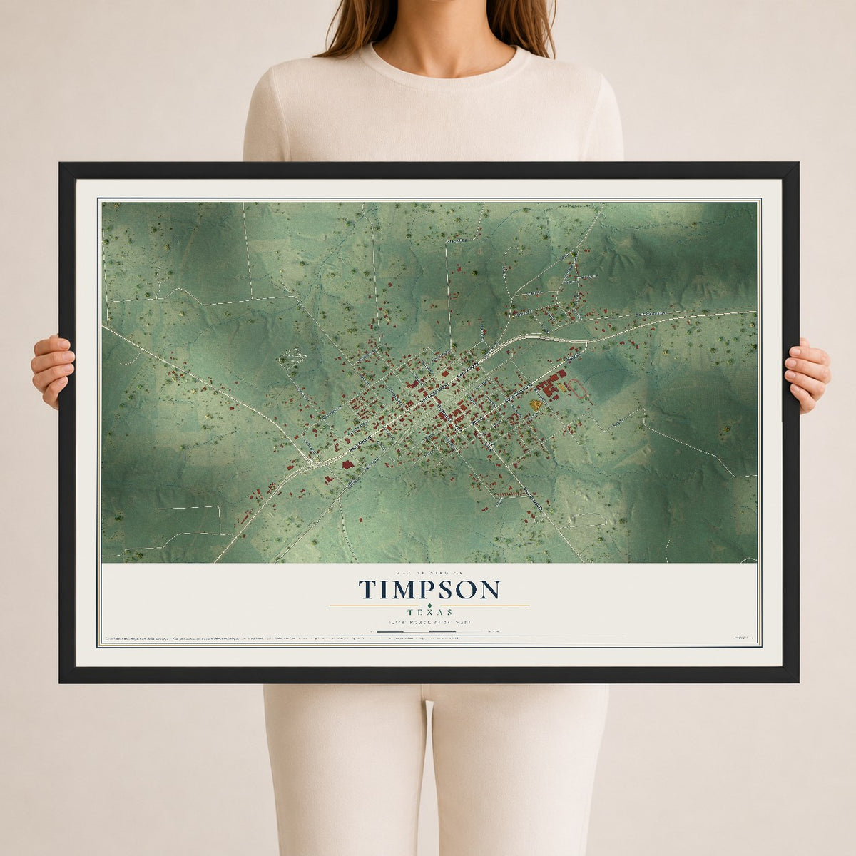 Map of Timpson, Texas, 24 x 36 inch print in a black wood frame