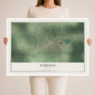 Map of Timpson, Texas, 24 x 36 inch print in a white wood frame