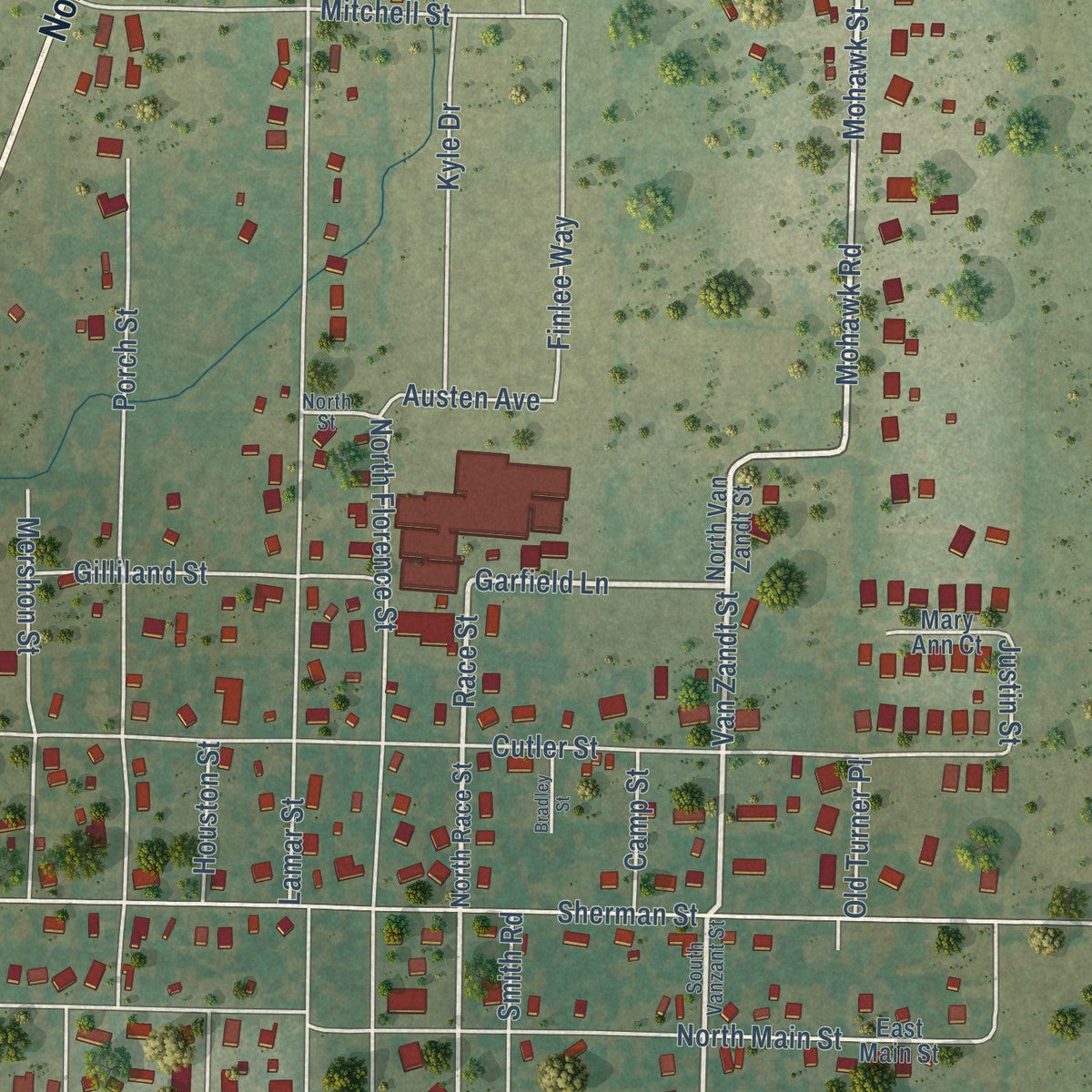 Close-up of the map of Tioga, Texas print showing street and building detail