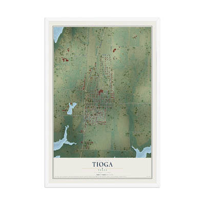 Map of Tioga, Texas, 12 x 18 inch print in a white wood frame