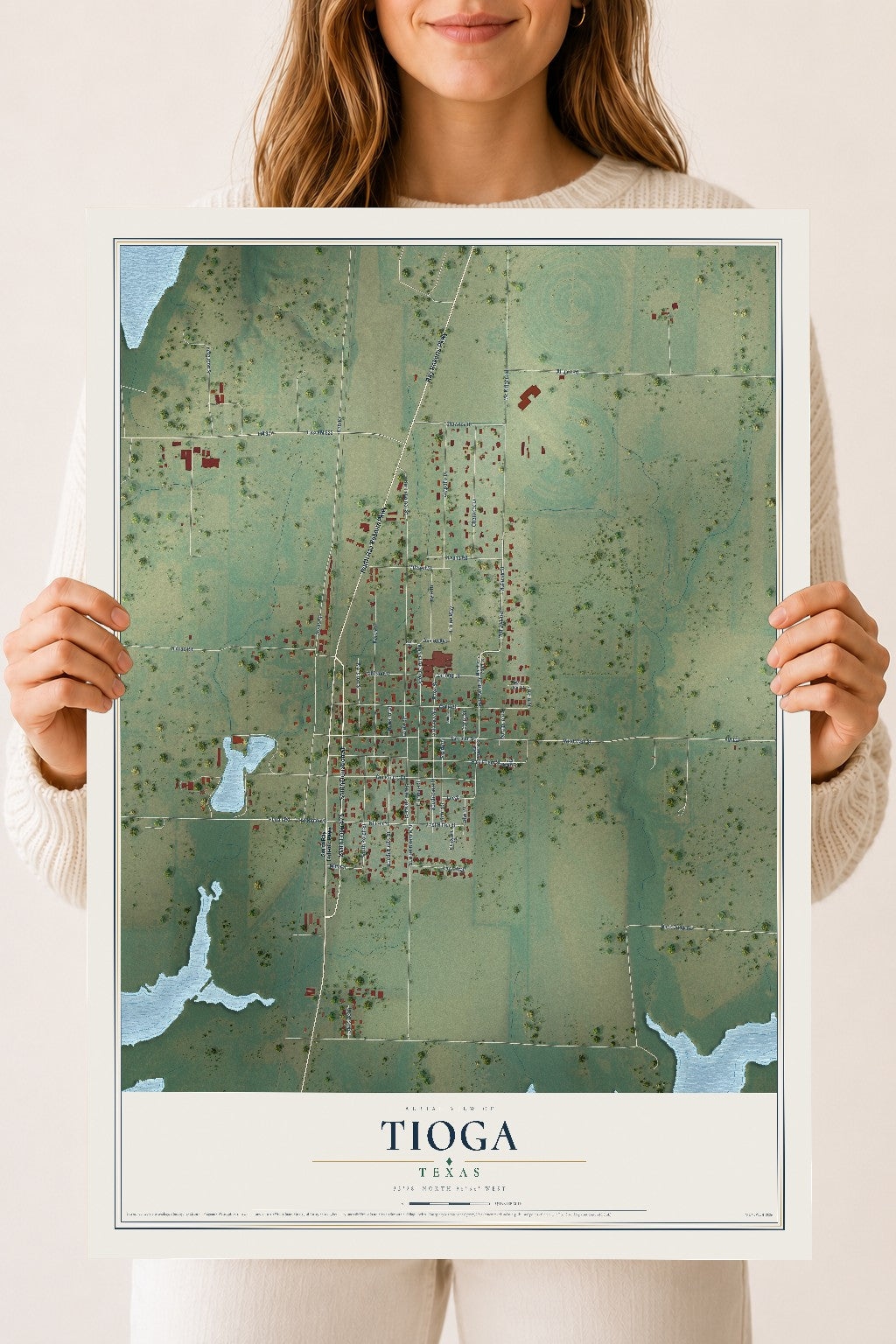 Map of Tioga, Texas, 18 x 24 inch unframed archival matte print