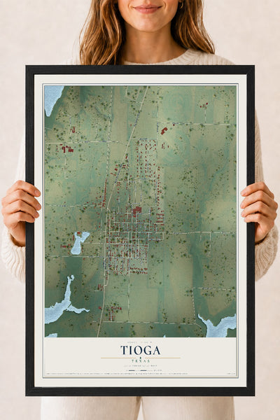 Map of Tioga, Texas, 18 x 24 inch print in a black wood frame