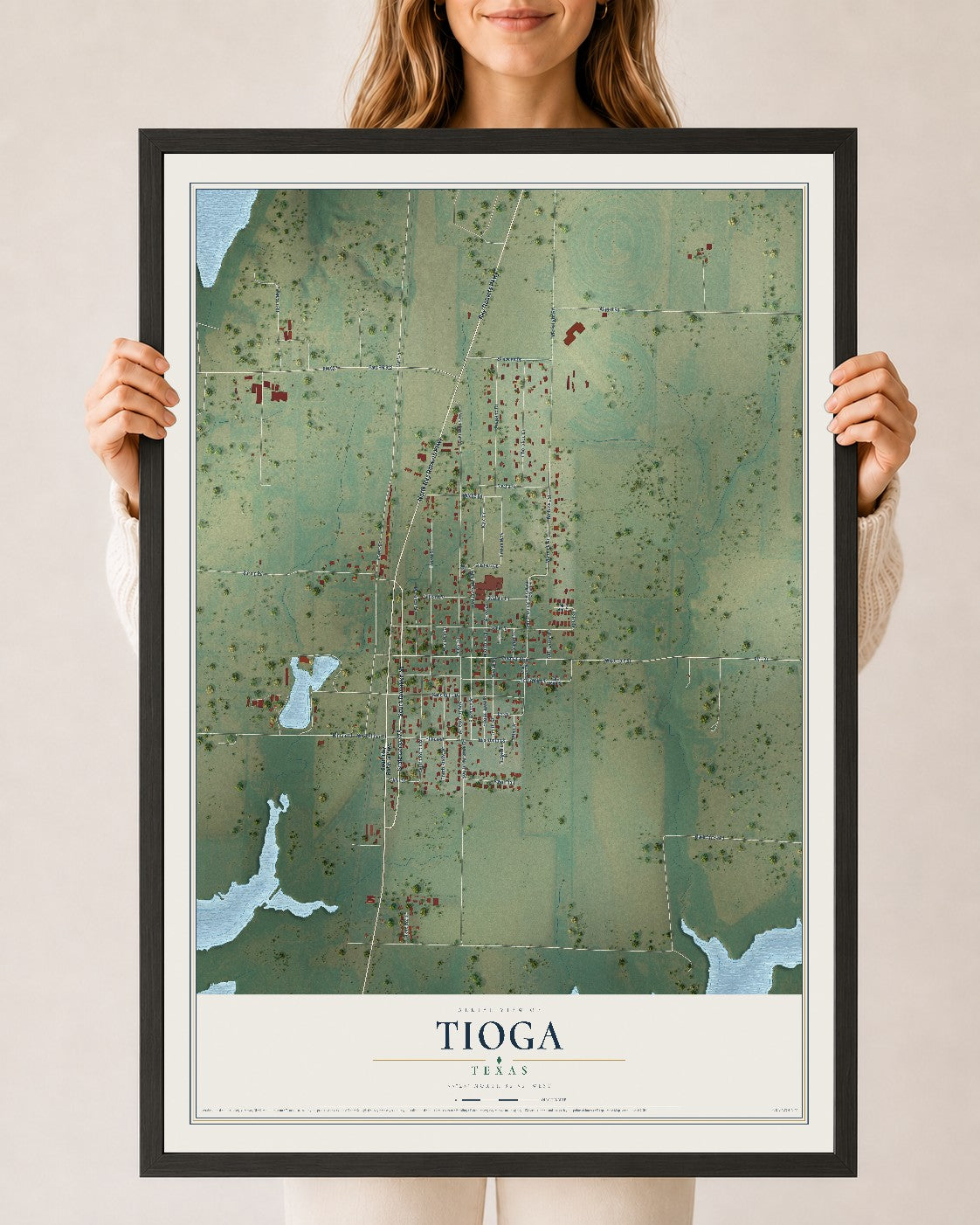 Map of Tioga, Texas, 24 x 36 inch print in a black wood frame