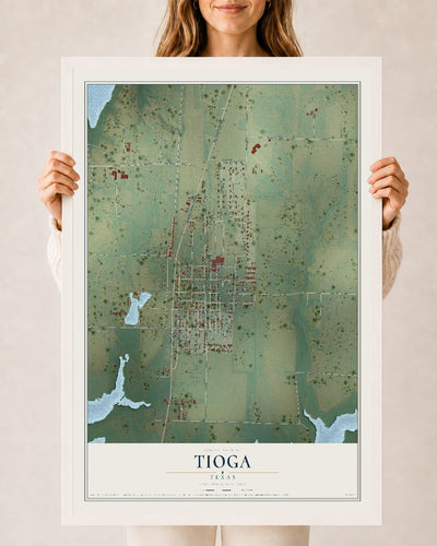 Map of Tioga, Texas, 24 x 36 inch print in a white wood frame