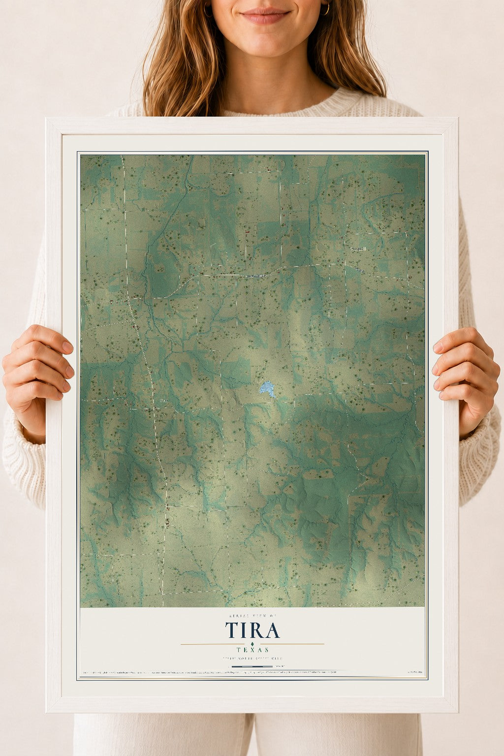 Map of Tira, Texas, 18 x 24 inch print in a white wood frame
