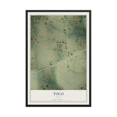 Map of Toco, Texas, 12 x 18 inch print in a black wood frame