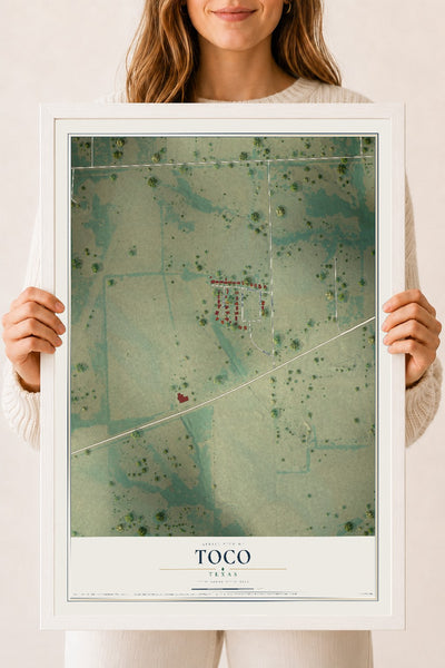 Map of Toco, Texas, 18 x 24 inch print in a white wood frame