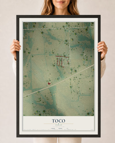 Map of Toco, Texas, 24 x 36 inch print in a black wood frame
