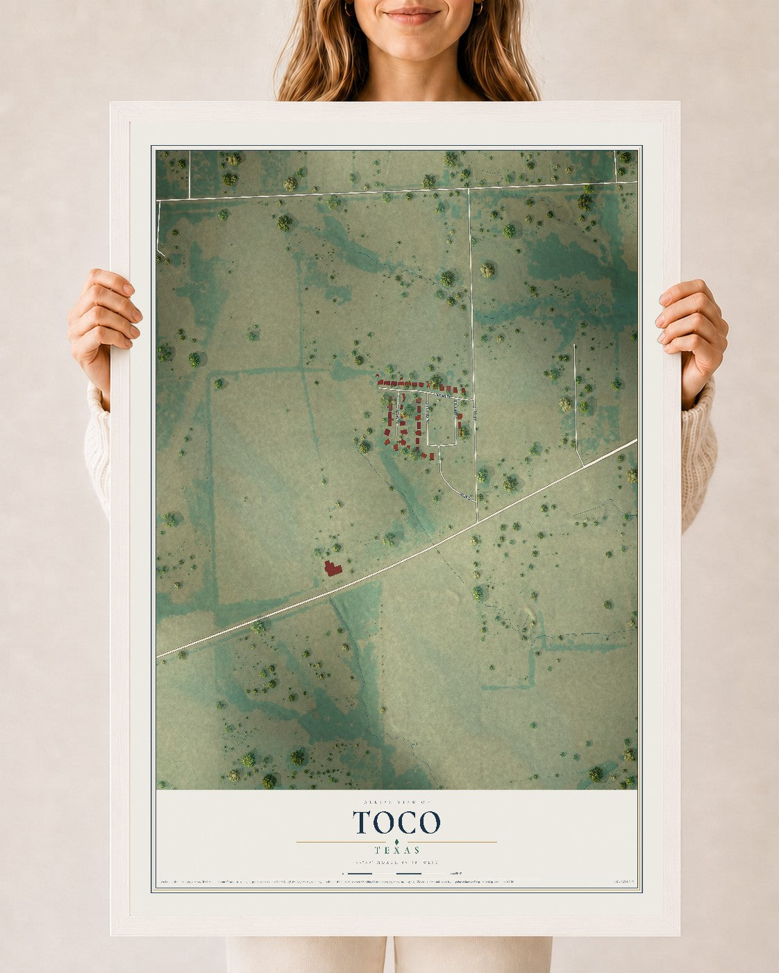 Map of Toco, Texas, 24 x 36 inch print in a white wood frame