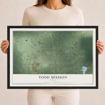 Map of Todd Mission, Texas, 12 x 18 inch print in a black wood frame