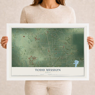 Map of Todd Mission, Texas, 12 x 18 inch print in a white wood frame