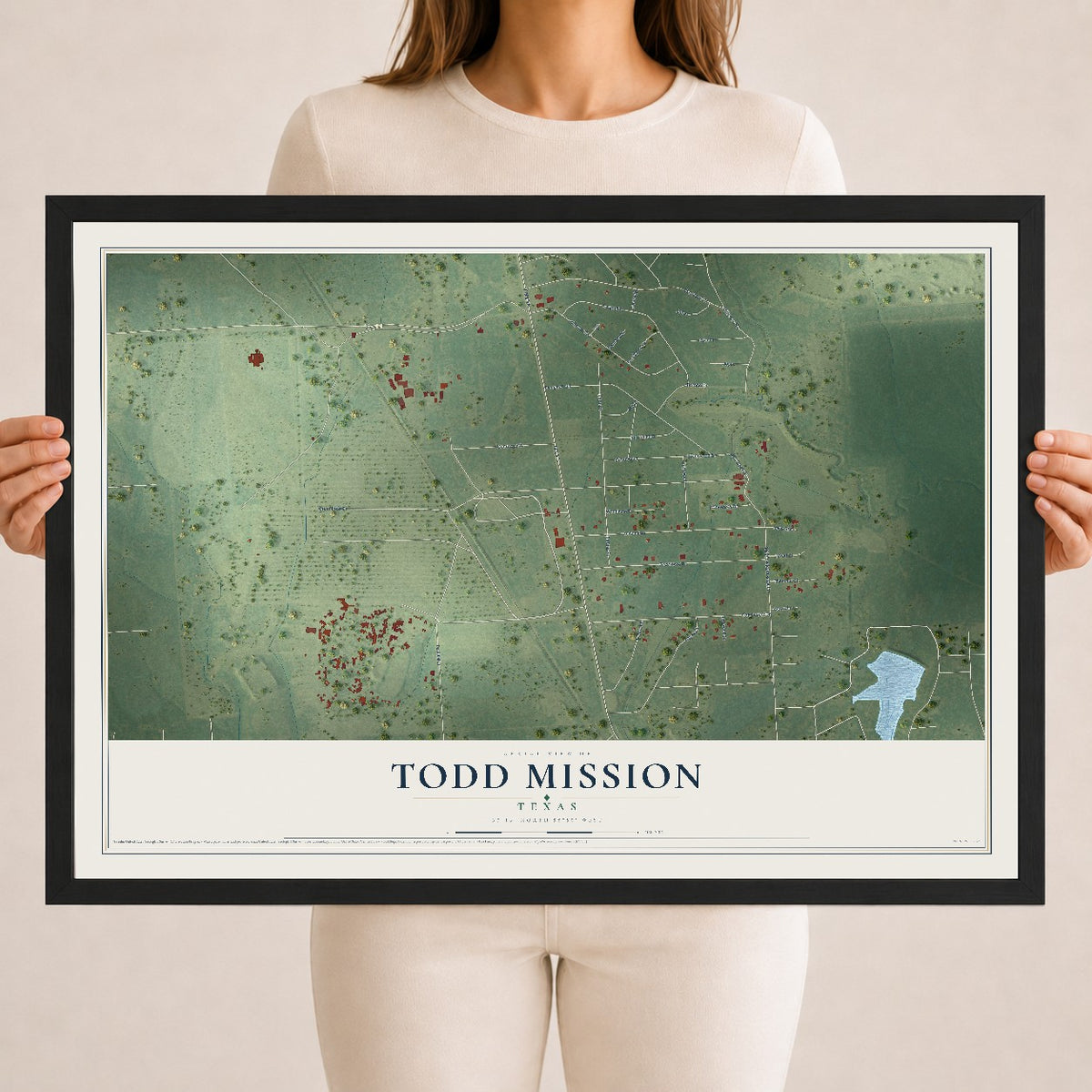 Map of Todd Mission, Texas, 18 x 24 inch print in a black wood frame