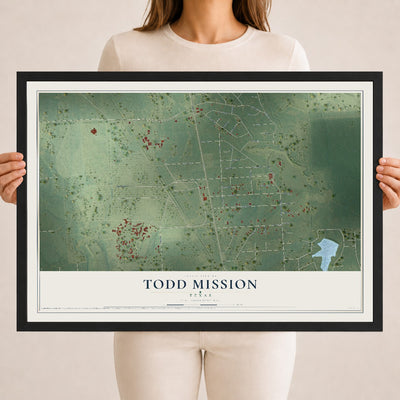Map of Todd Mission, Texas, 18 x 24 inch print in a black wood frame