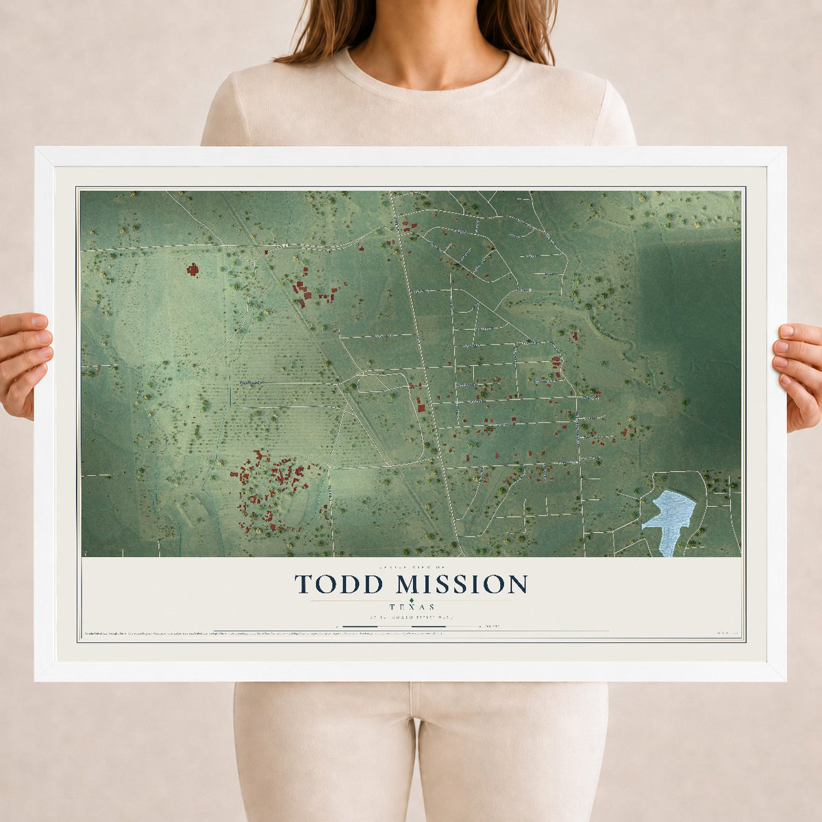 Map of Todd Mission, Texas, 18 x 24 inch print in a white wood frame
