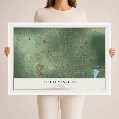 Map of Todd Mission, Texas, 24 x 36 inch print in a white wood frame