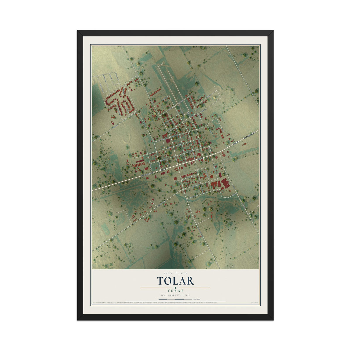 Map of Tolar, Texas, 12 x 18 inch print in a black wood frame