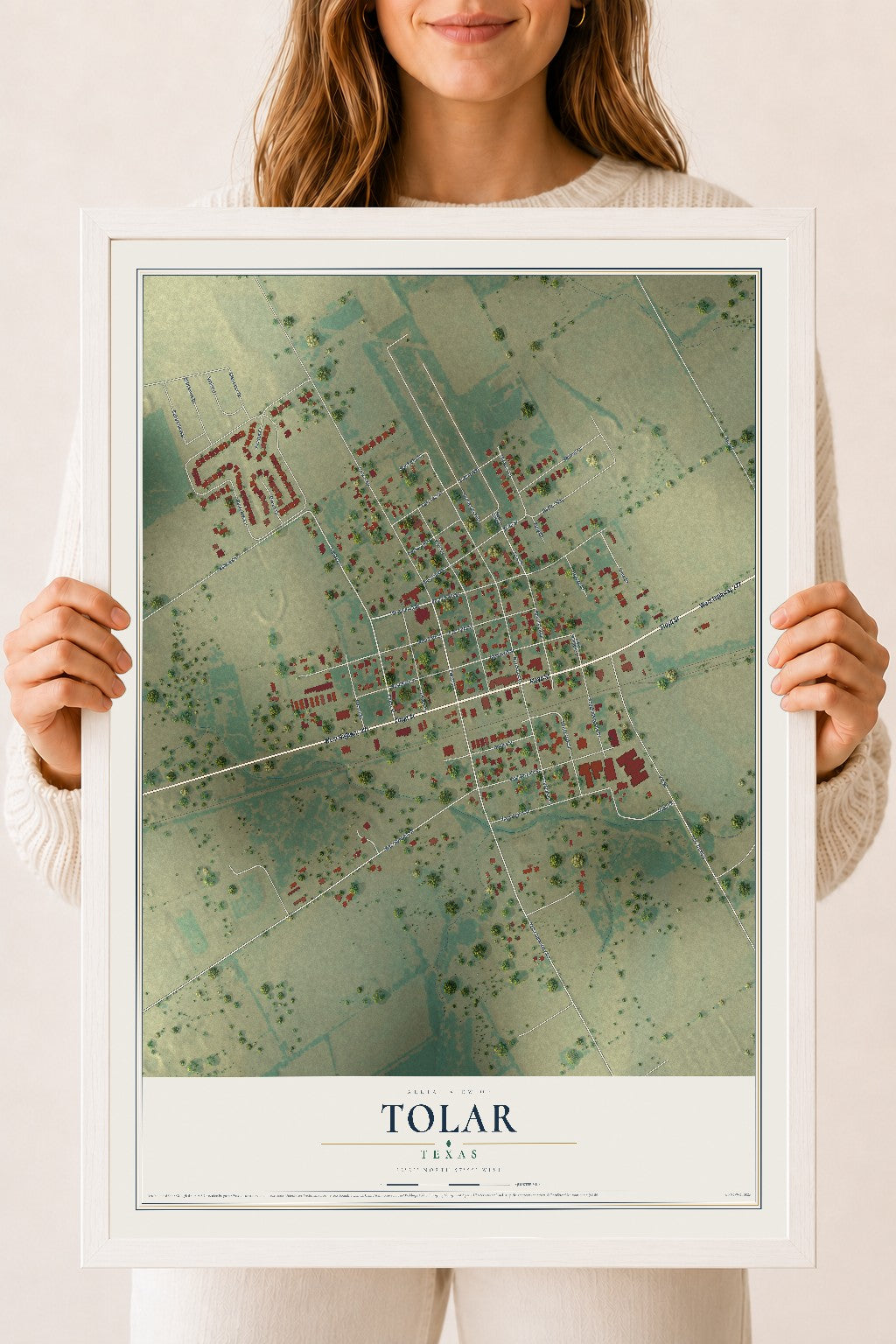 Map of Tolar, Texas, 18 x 24 inch print in a white wood frame