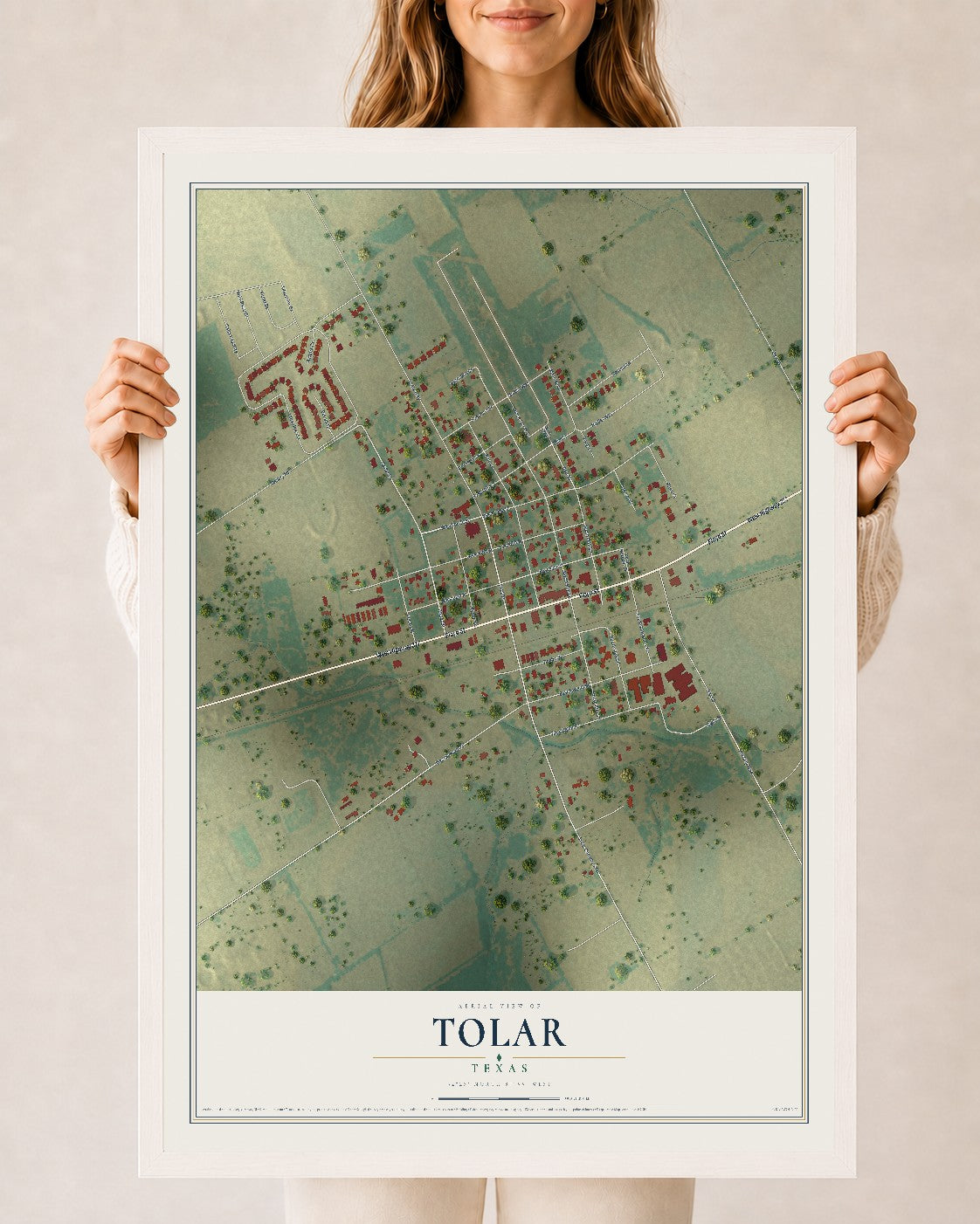 Map of Tolar, Texas, 24 x 36 inch print in a white wood frame