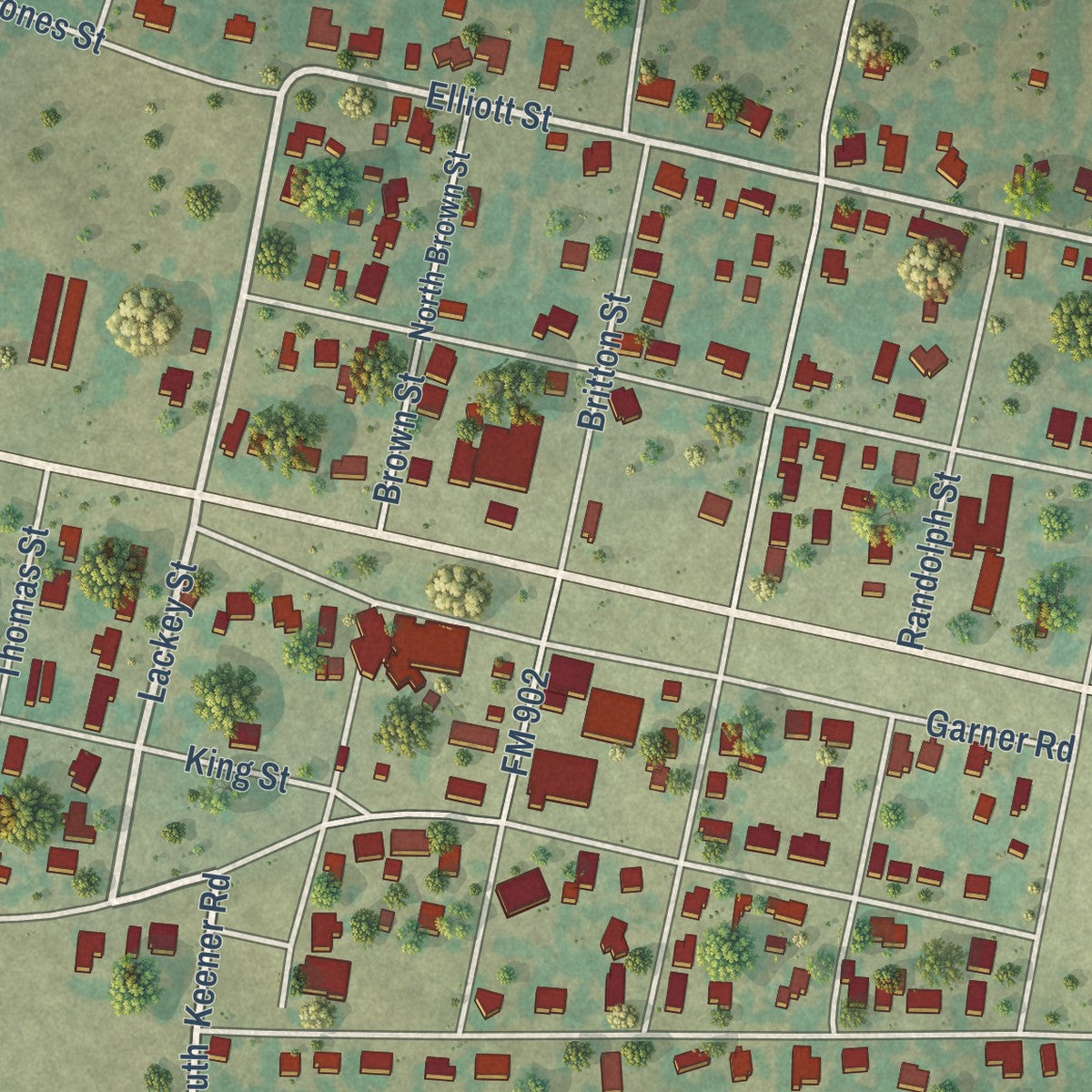Close-up of the map of Tom Bean, Texas print showing street and building detail
